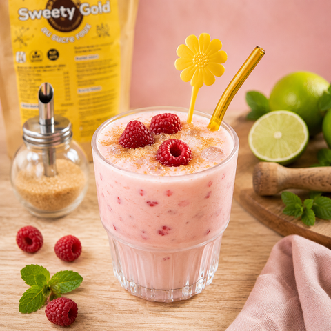 Limonade tropicale coco-framboise sans sucre avec framboises fraîches, citron vert et Sweety Gold