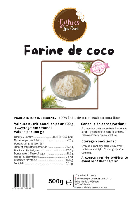 Délices Low Carb, Farine de coco - 500 g - Délices Low Carb