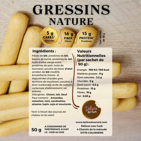 Délices Low carb - Gressins nature 50 g - Délices Low Carb