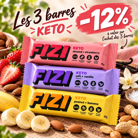 FIZI - Lot découverte Keto : 3 barres protéinées (Amande & Fraise, Cacahuète & Banane, Sel & Vanille)